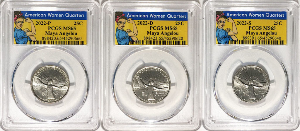 2022 P,D,S BU American Women Quarters Maya Angelou PCGS MS 65 Rosie Label 3 Coin Set