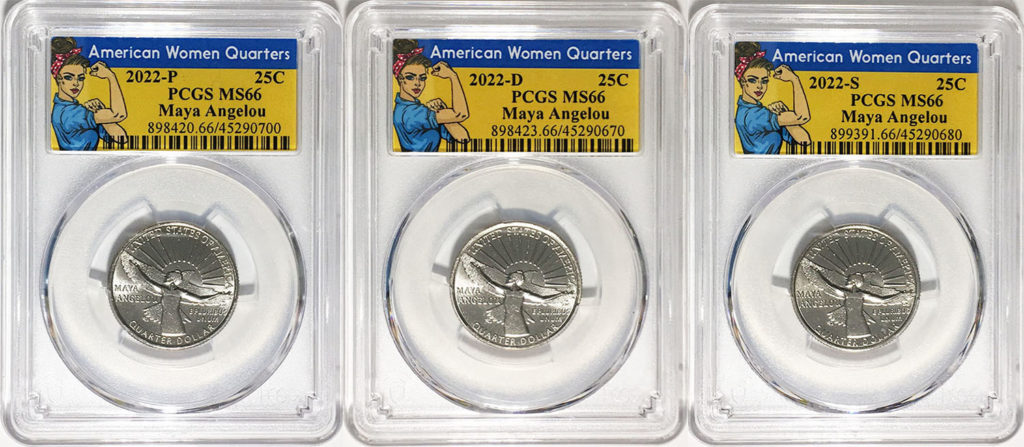 2022 P,D,S BU American Women Quarters Maya Angelou PCGS MS 66 Rosie Label 3 Coin Set