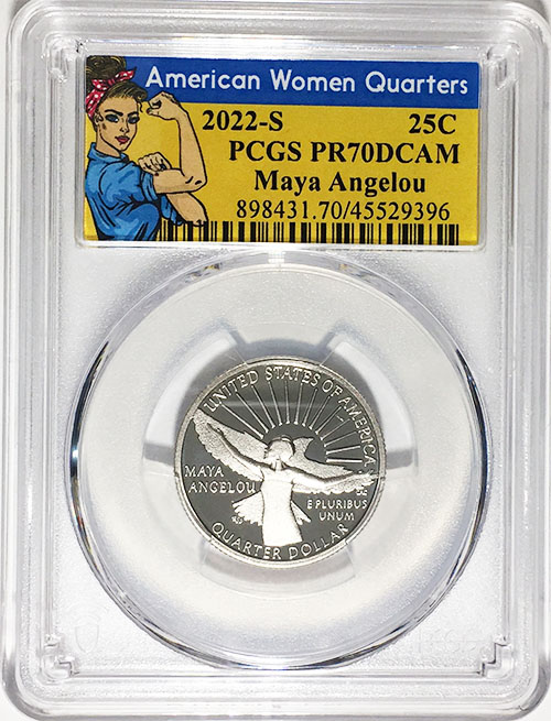 2022 S Clad Proof American Women Quarter Maya Angelou PCGS PR 70 DCAM Rosie Label